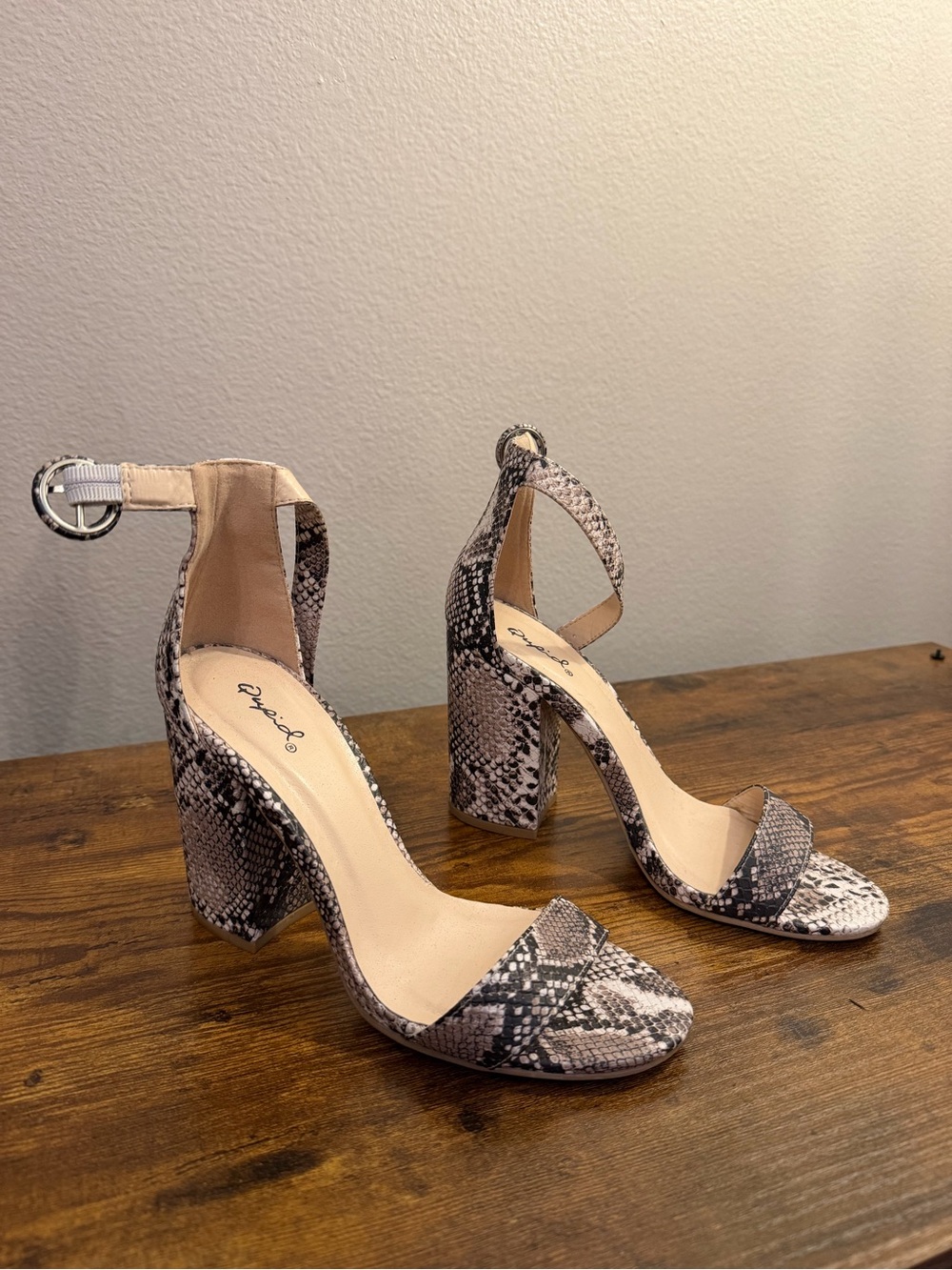 Qupid Snake-Print Block Heel Sandals in Neutral Tones